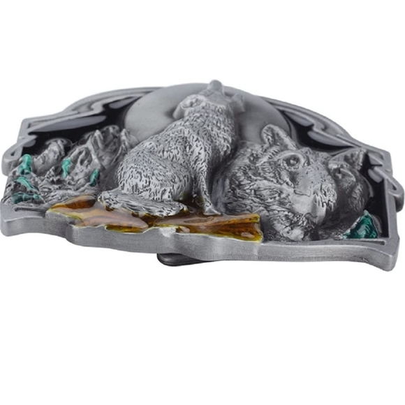 Nordic Viking wolf wolves howling at moon belt buckle - Picture 2 of 4
